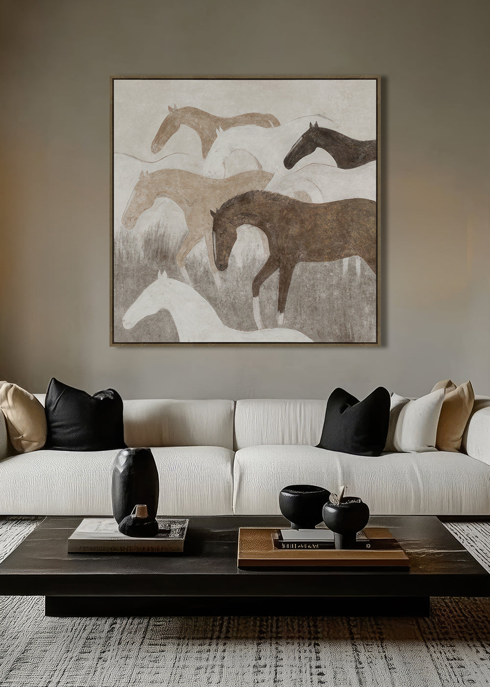 Wild Horses Framed Canvas 80x80x4cm Brown & Beige Multi