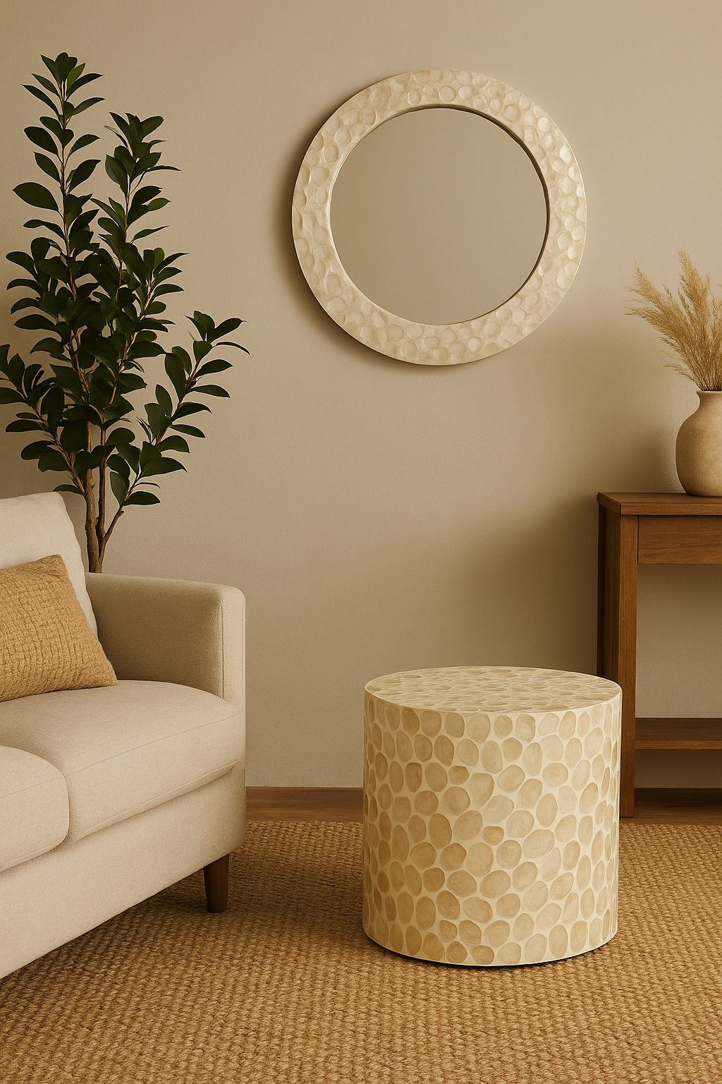 Elodie Pearl Round Mirror 75x75x1.5cm Natural