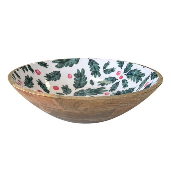 Christmas Foliage Wooden Large Serving Bowl 40x40x10cm White & Green Multi
