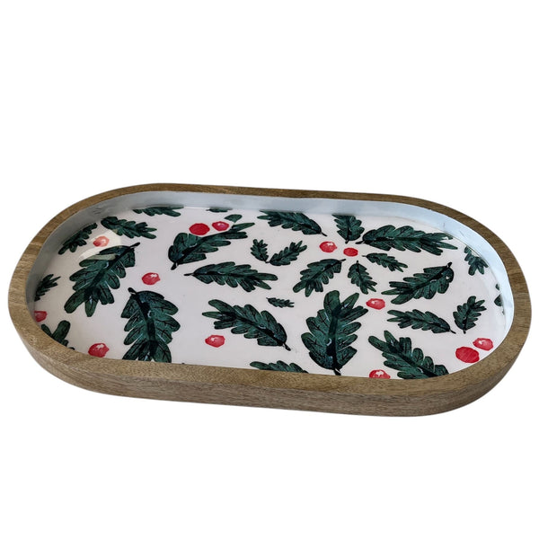 Christmas Foliage Wooden Oval Serving Tray 36x20x2.5cm White & Green Multi