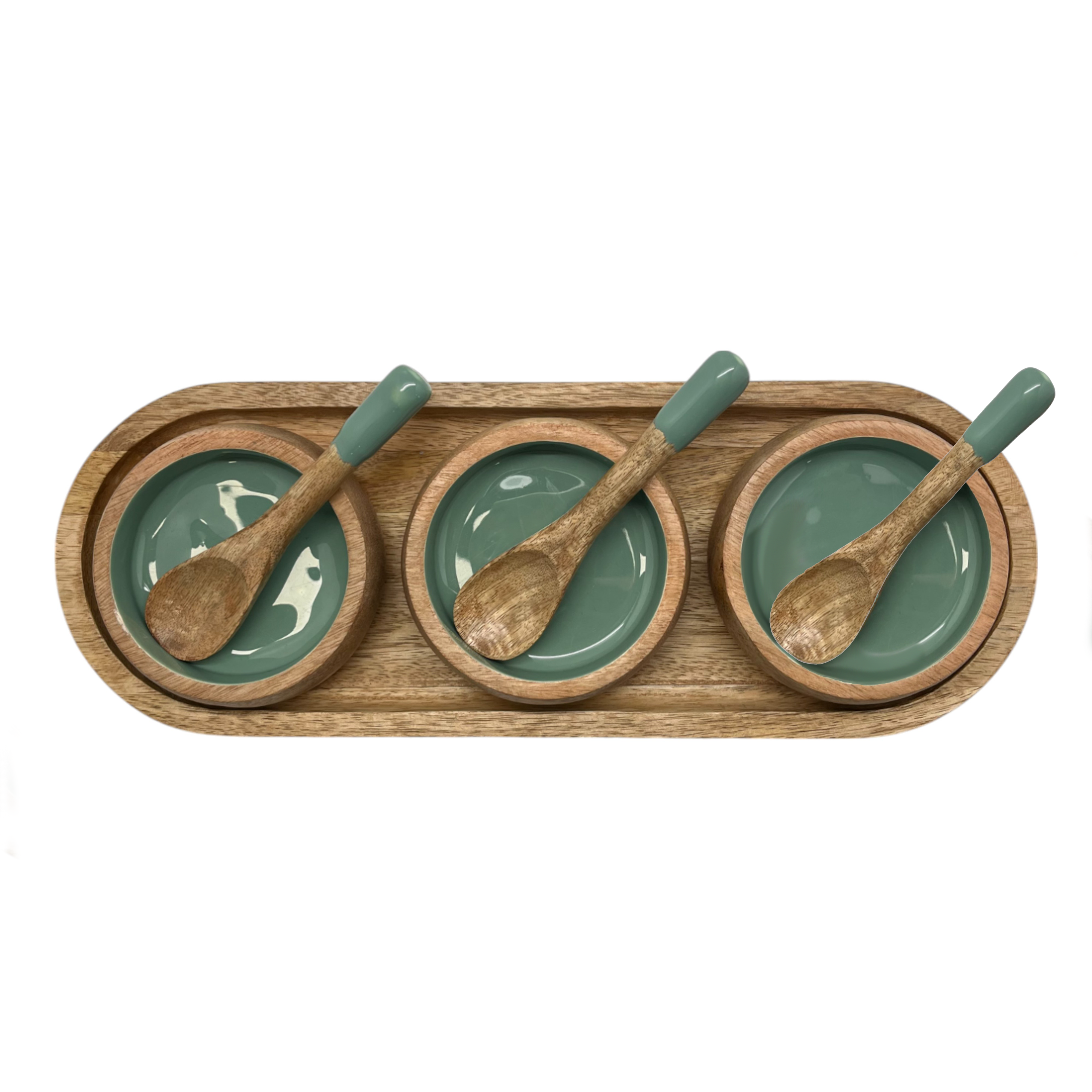Corinne Serving Tray with Dip Bowls and Spoons 35.5x13x5cm Green & Natural