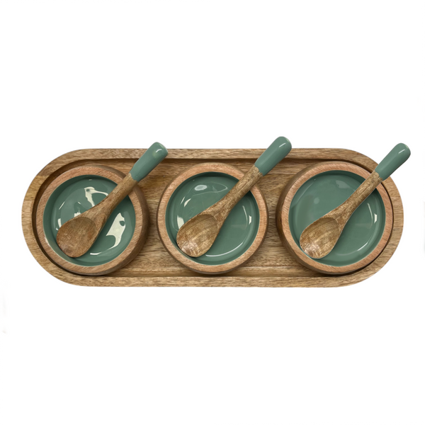 Corinne Serving Tray with Dip Bowls and Spoons 35.5x13x5cm Green & Natural
