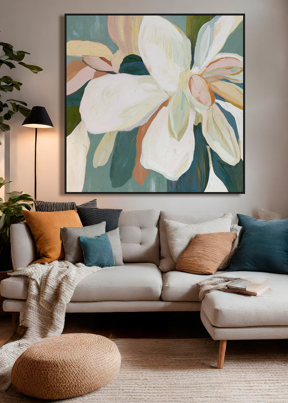 Grace Bloom Framed Canvas 80x80x4cm White & Green Multi
