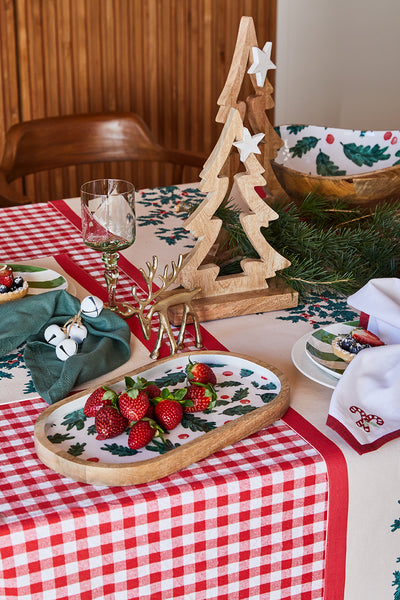 Christmas Foliage Wooden Oval Serving Tray 36x20x2.5cm White & Green Multi