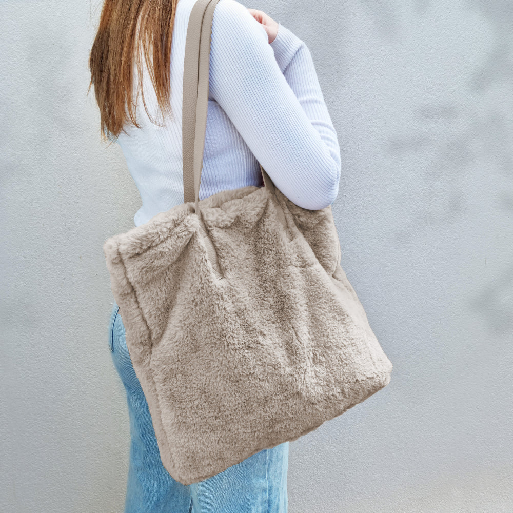 Layla Faux Fur Tote Bag 38x38cm Nude