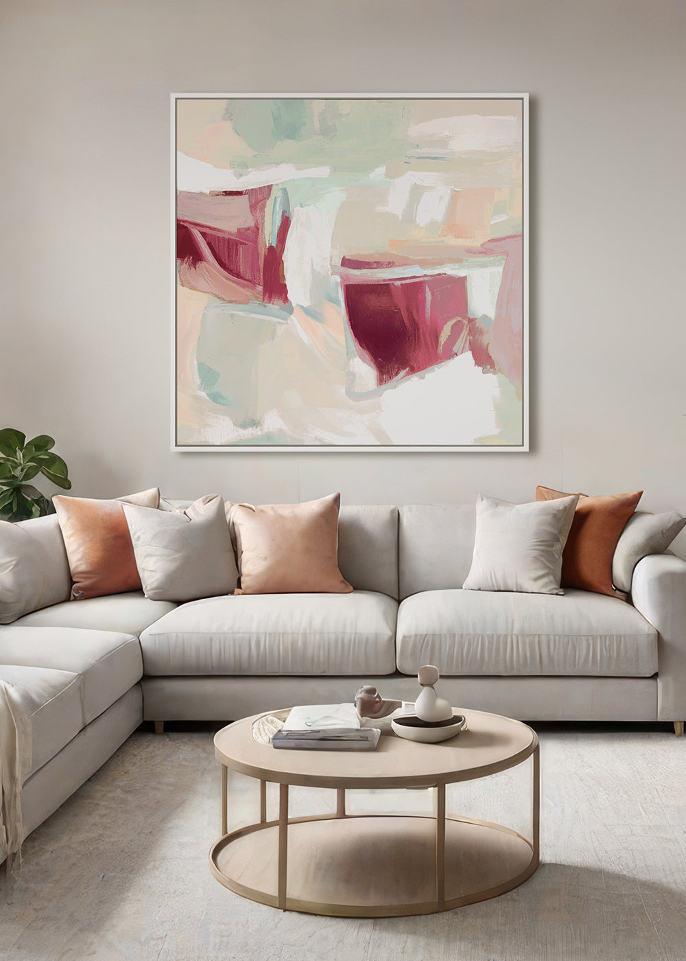 Rhubarb Dreams Framed Canvas 80x80x4cm Burgundy & Green Multi