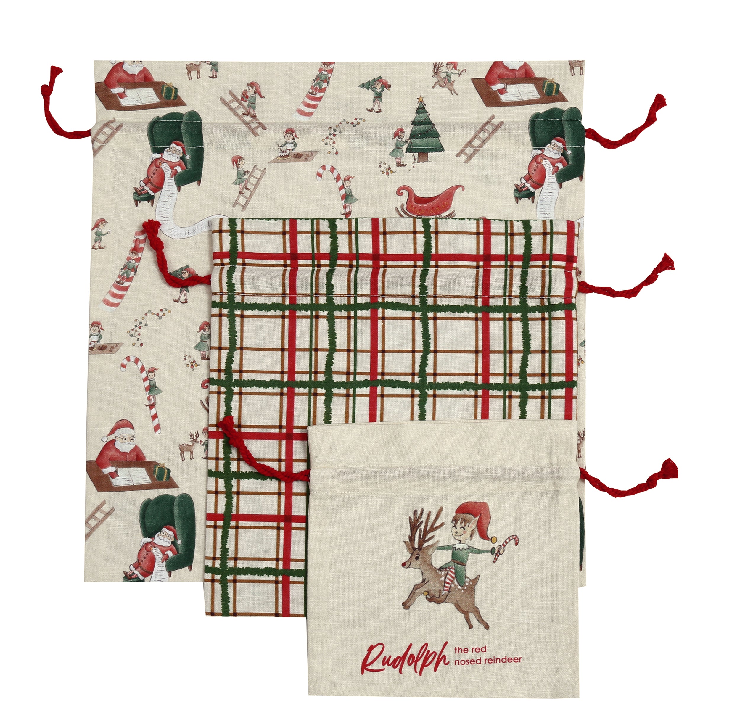 Santa's Workshop Gift Bag Set 38x40cm, 28x30cm & 20x20cm Beige