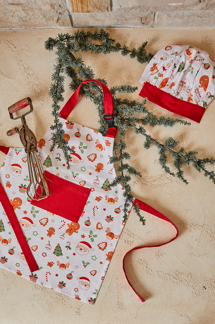 Jolly Kids Christmas Apron & Cap White Multi
