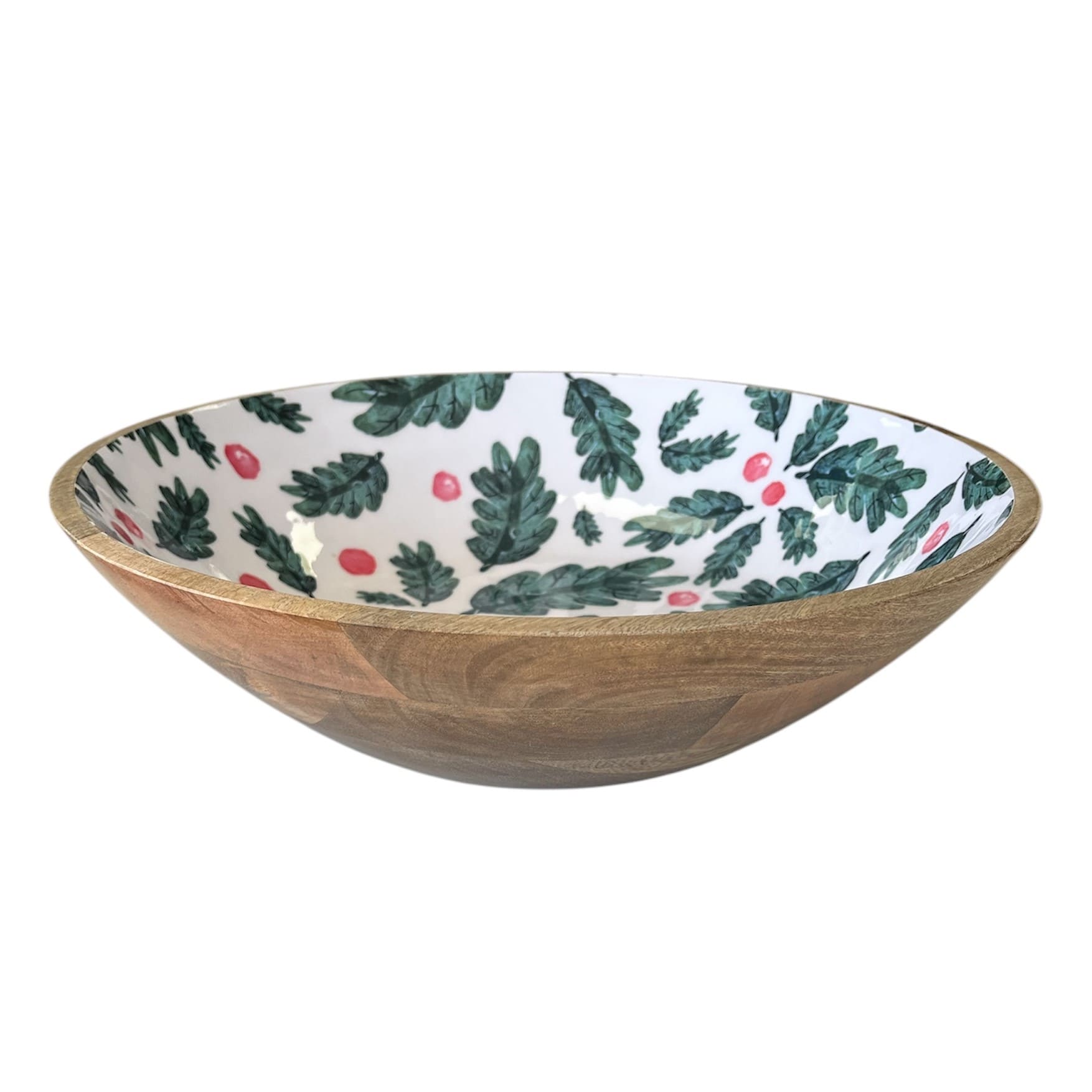 Christmas Foliage Wooden Large Serving Bowl 40x40x10cm White & Green Multi
