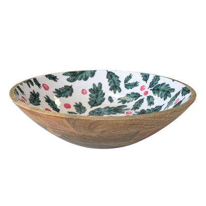 Christmas Foliage Wooden Large Serving Bowl 40x40x10cm White & Green Multi