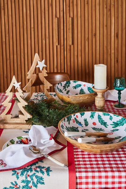 Christmas Foliage Wooden Large Serving Bowl 40x40x10cm White & Green Multi