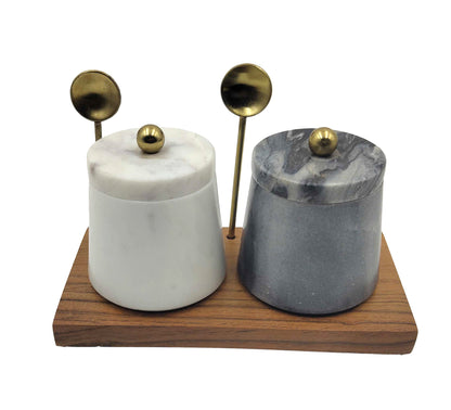 Alba Marble & Wood Condiments Set w/ Spoons 17x8.5x11cm White & Grey