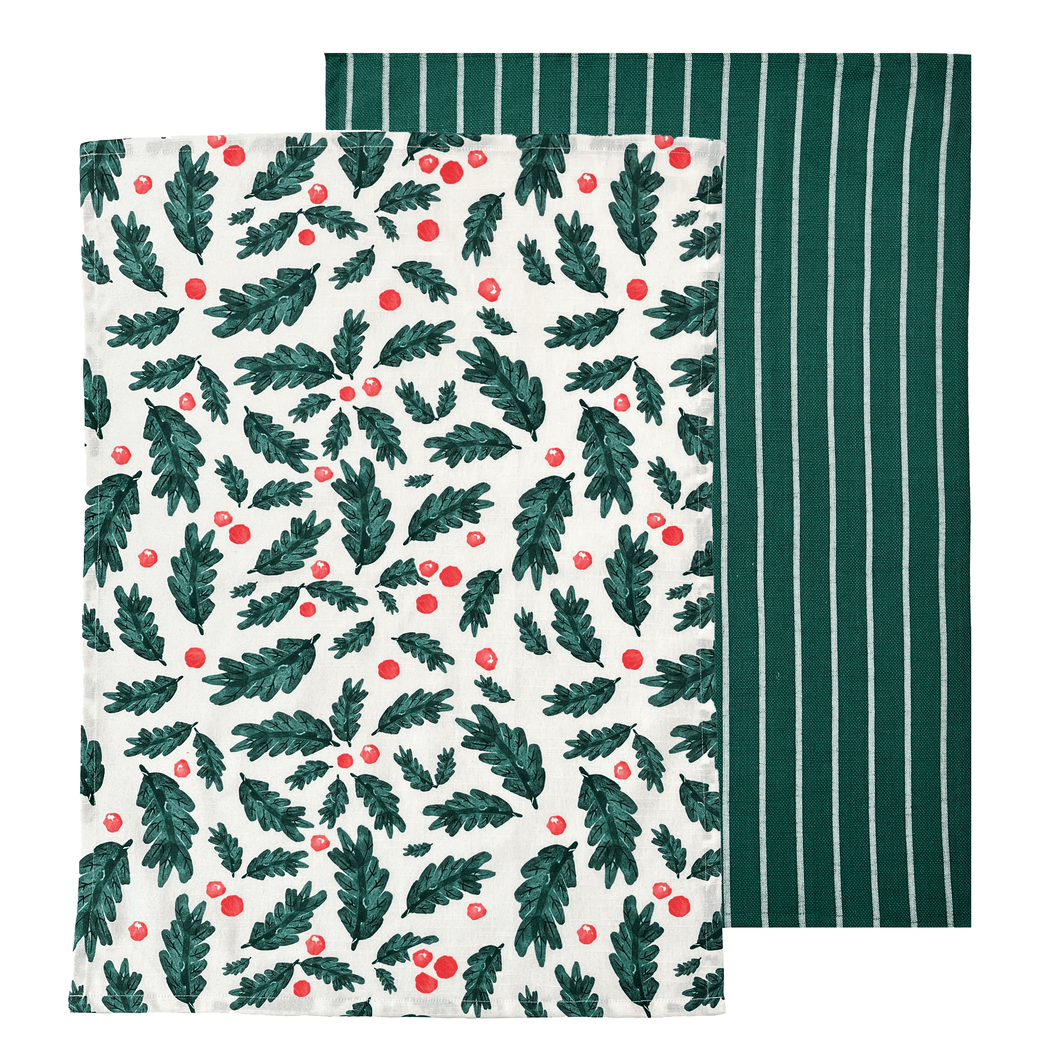 Christmas Foliage Tea Towel 2pk 50x70cm Green Multi