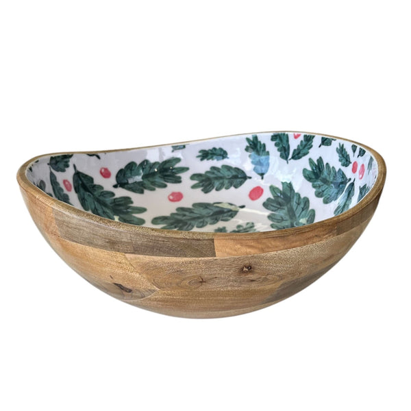 Christmas Foliage Wooden Large Serving Bowl Asymmetrical 35.2x35.5x14cm White & Green Multi