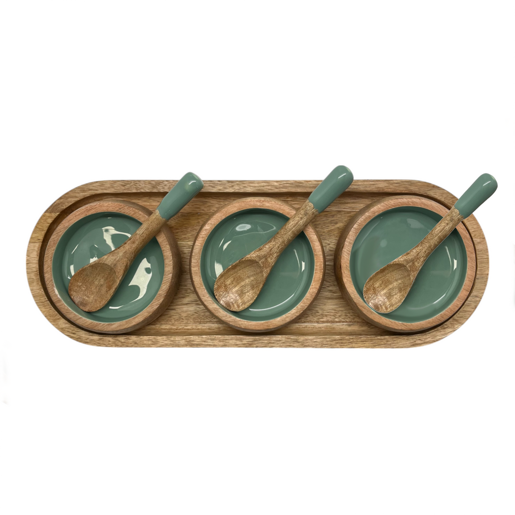 Corinne Serving Tray with Dip Bowls and Spoons 35.5x13x5cm Green & Natural; ETA Early October