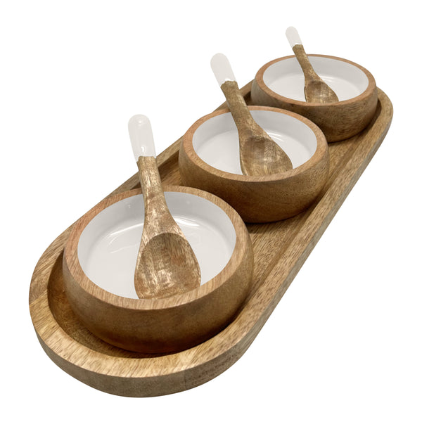 Corinne Serving Tray with Dip Bowls and Spoons 35.5x13x5cm White & Natural; ETA Early October
