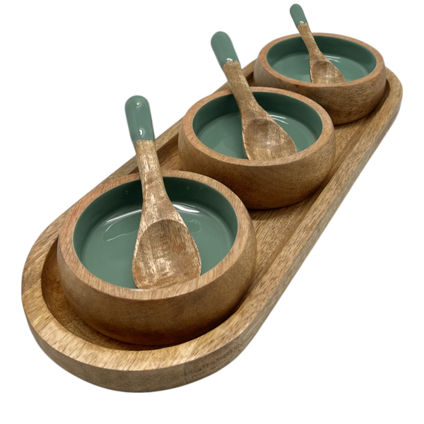 Corinne Serving Tray with Dip Bowls and Spoons 35.5x13x5cm Green & Natural; ETA Early October