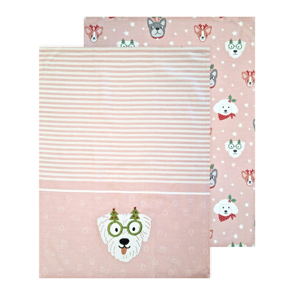 Dog Portrait Christmas Tea Towel 2pk 50x70cm Pink Multi; ETA End July