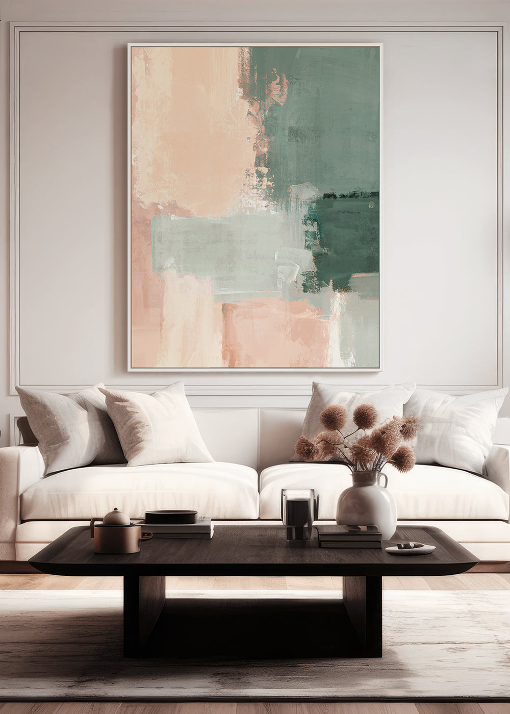 Edison Glow Framed Canvas 70x90x4cm Green & Peach Multi