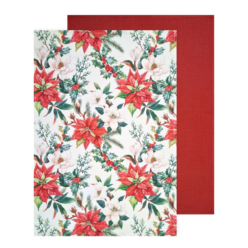 Floral Christmas Tea Towel 2pk 50x70cm White Multi