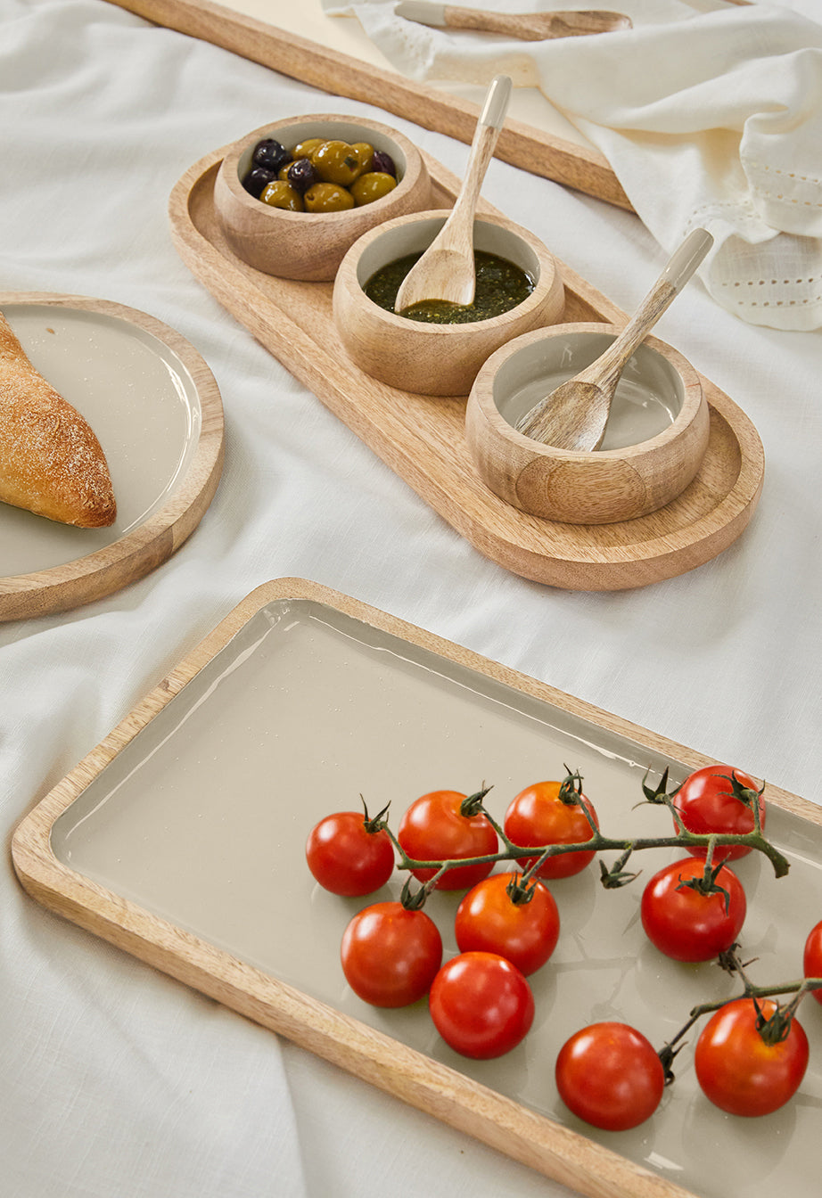 Corinne Serving Tray with Dip Bowls and Spoons 35.5x13x5cm Light Taupe