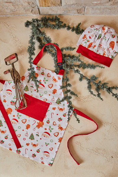 Jolly Kids Christmas Apron & Cap White Multi