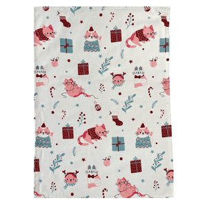 Merry Meow Tea Towel 2pk 50x70cm Peach & Green