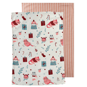 Merry Meow Tea Towel 2pk 50x70cm Peach & Green
