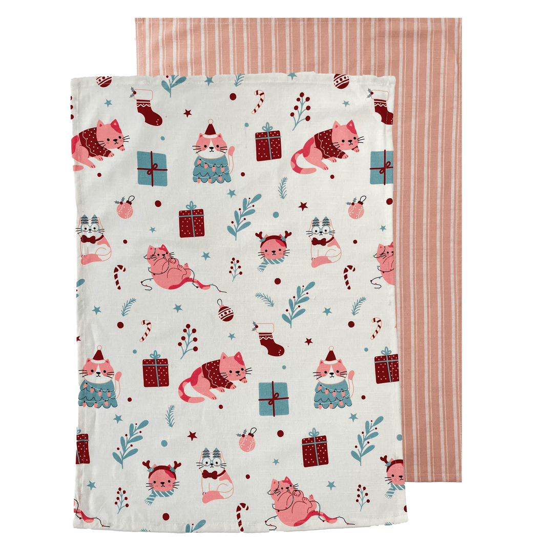 Merry Meow Tea Towel 2pk 50x70cm Peach & Green
