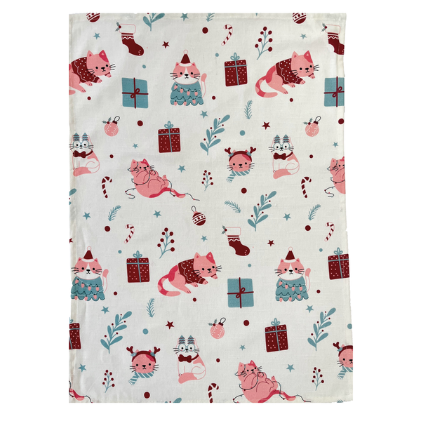 Merry Meow Tea Towel 2pk 50x70x1.5cm Peach Multi