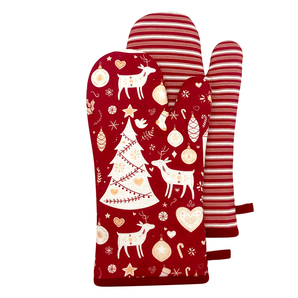 Scandi Yule Oven Mitt 2pk 19x35cm Red Multi
