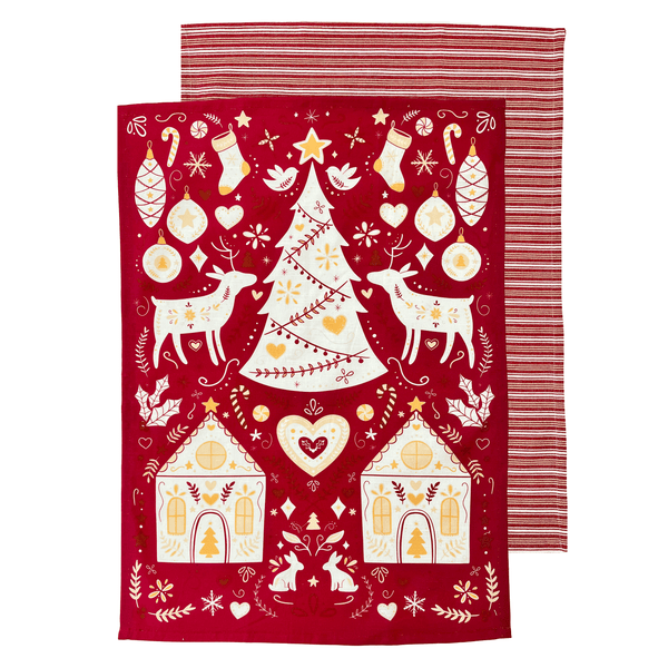 Scandi Yule Tea Towel 2pk 50x70cm Red Multi