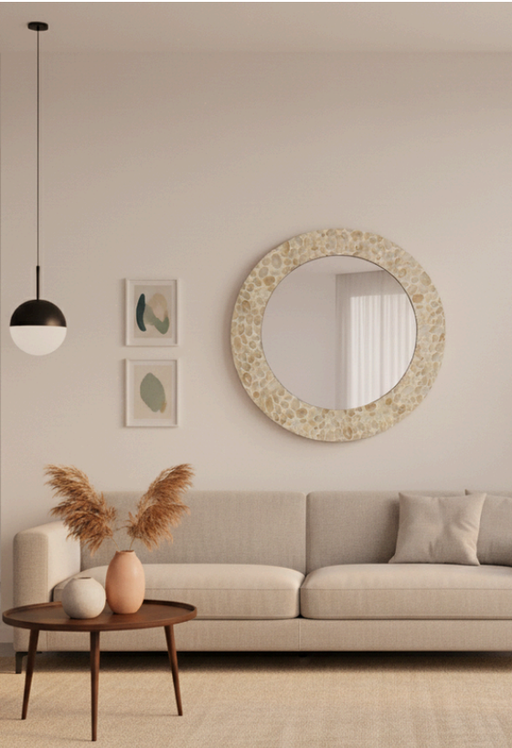 Elodie Pearl Round Mirror 75x75x1.5cm Natural