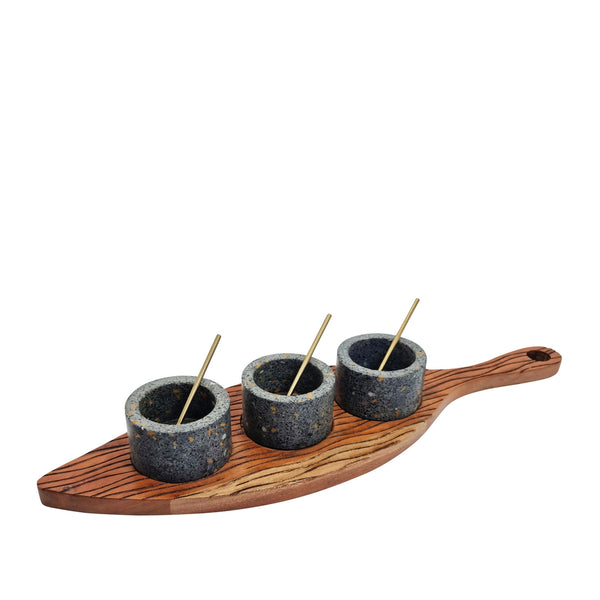 Terra Serving Board With Condiment Bowls & Spoons 45x13x5.5cm